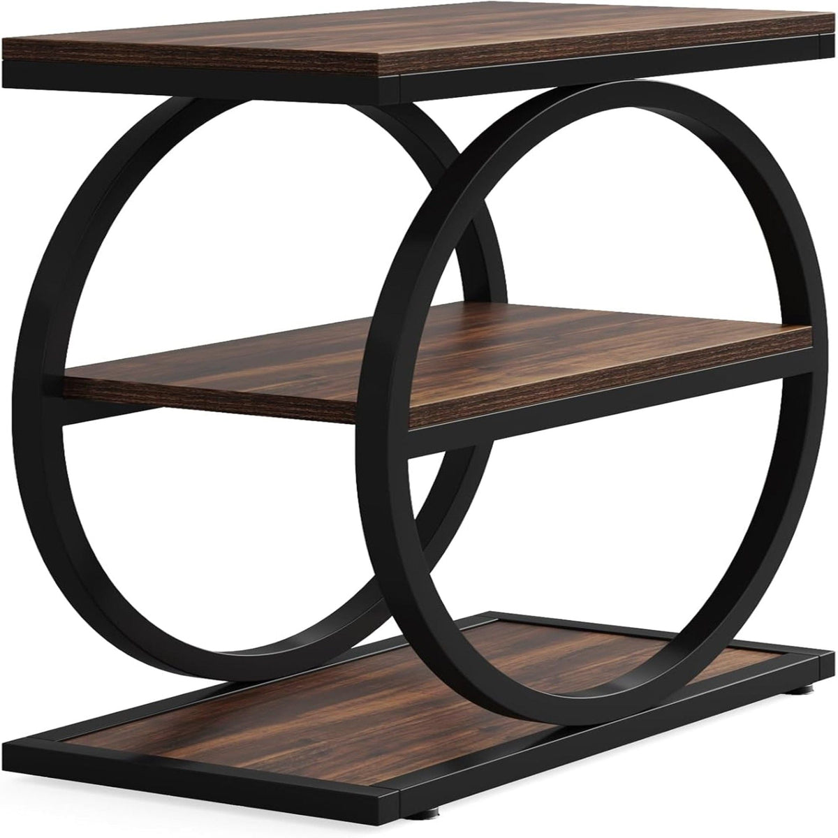 Three-shelf slim end tables set of 2 in brown wood with black curved metal frame on Tampa Home & Garden Store