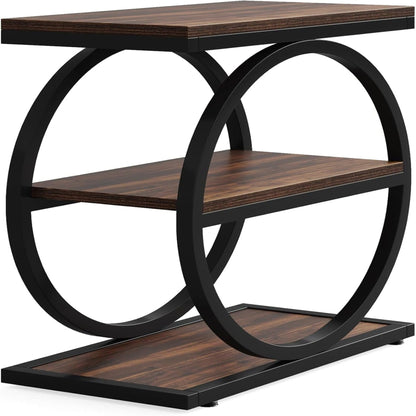 Three-shelf slim end tables set of 2 in brown wood with black curved metal frame on Tampa Home & Garden Store