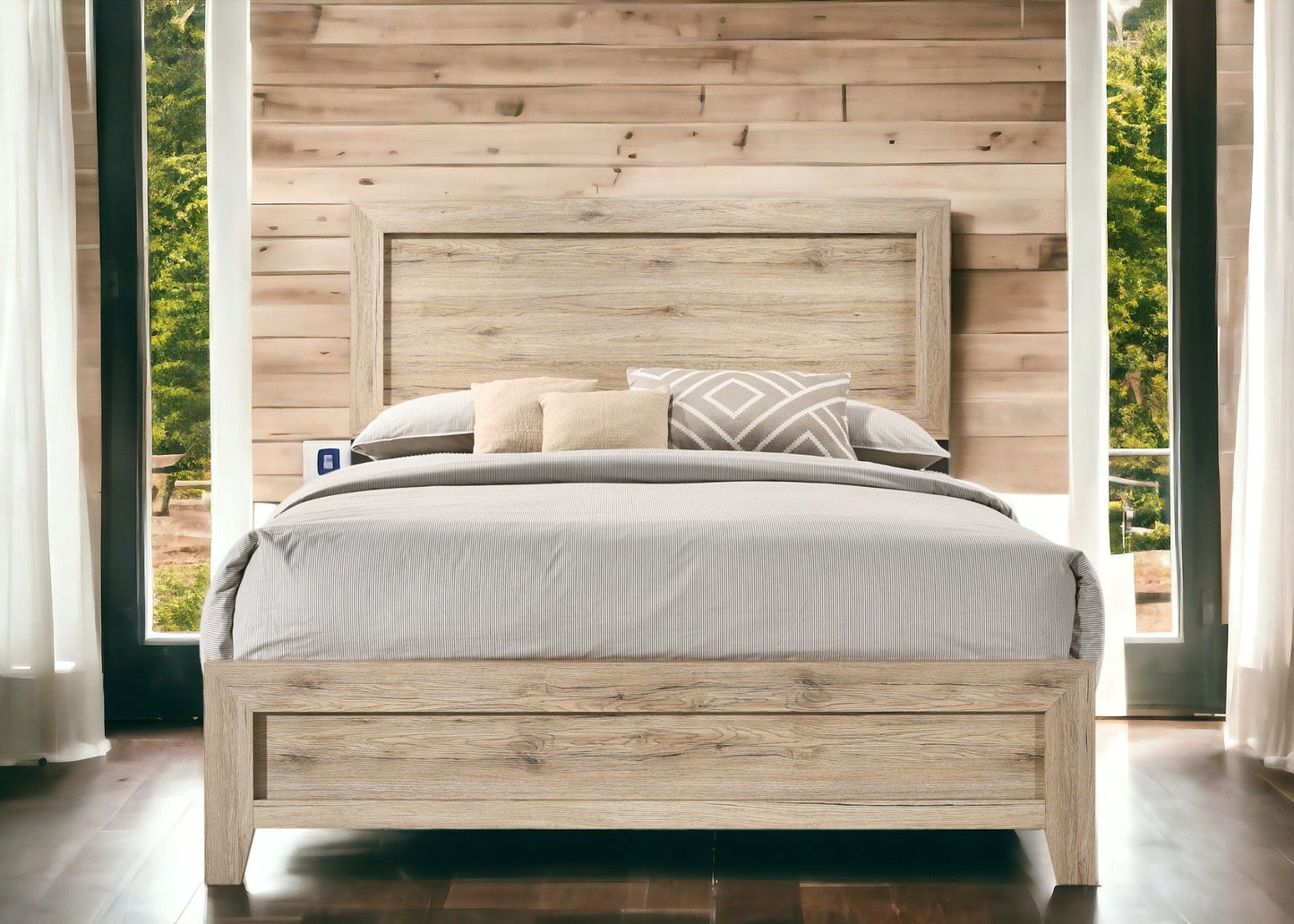 Miquell Panel Bed in light weathered wood with wide headboard and platform frame on Tampa Home & Garden Store