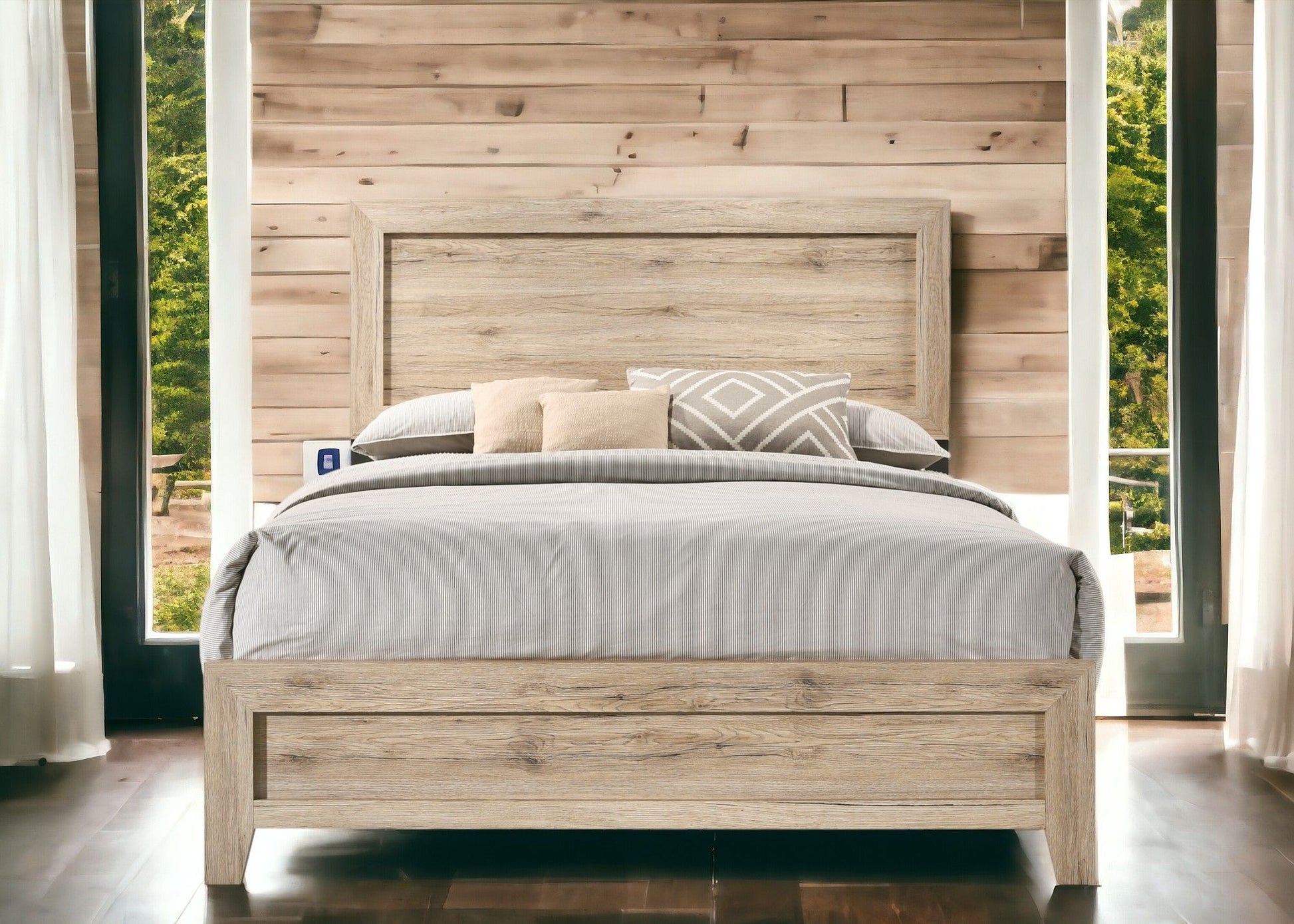 Miquell Panel Bed in light weathered wood with wide headboard and platform frame on Tampa Home & Garden Store