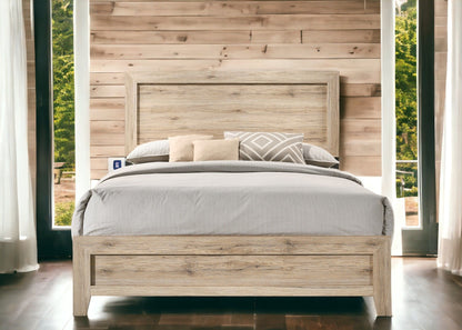 Miquell Panel Bed in light weathered wood with wide headboard and platform frame on Tampa Home & Garden Store