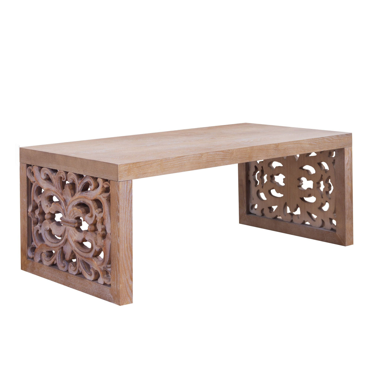 Rustic carved wood coffee table with light brown finish and intricate lattice side panels on Tampa Home & Garden Store