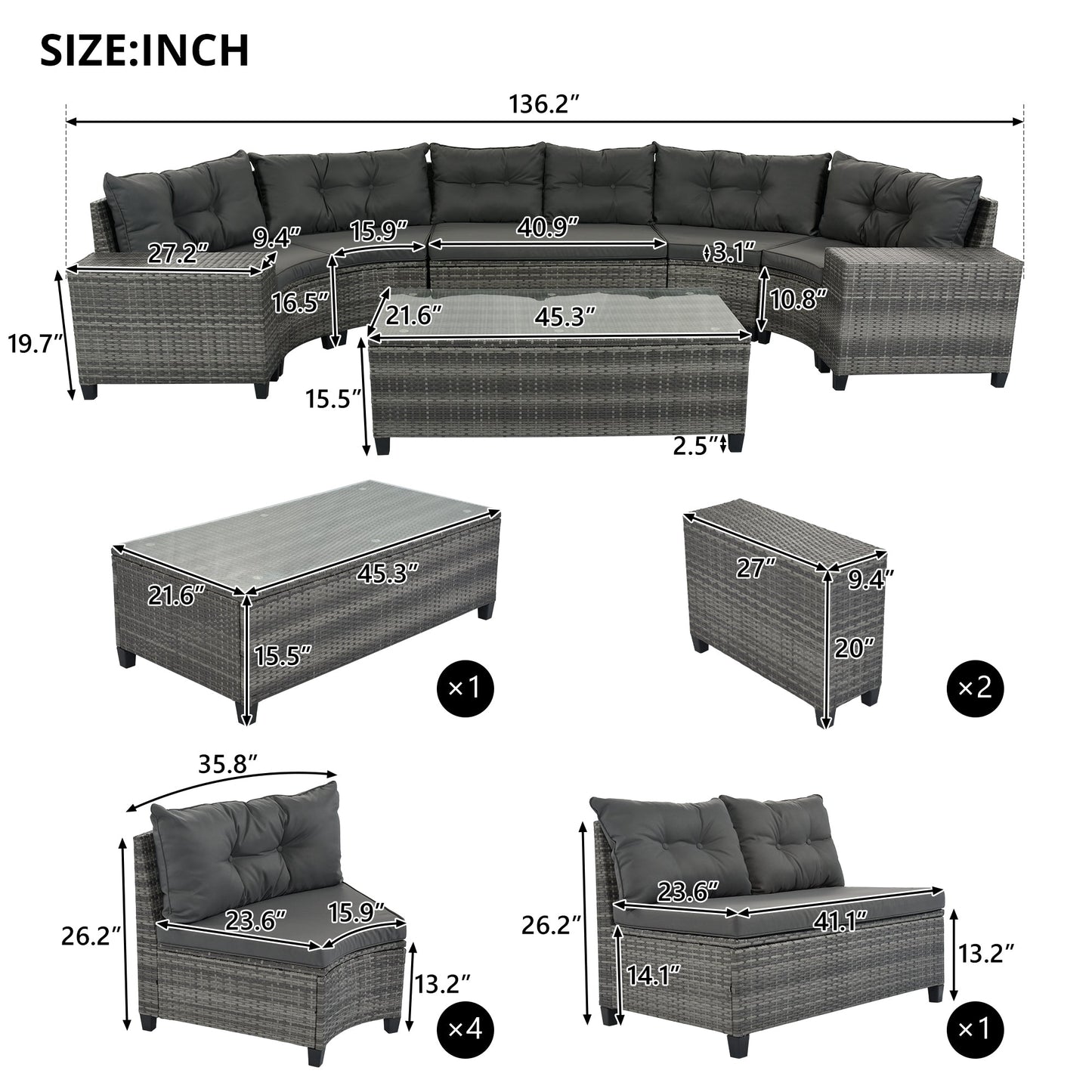 8 Pieces Round Outdoor Wicker Sofa and Table