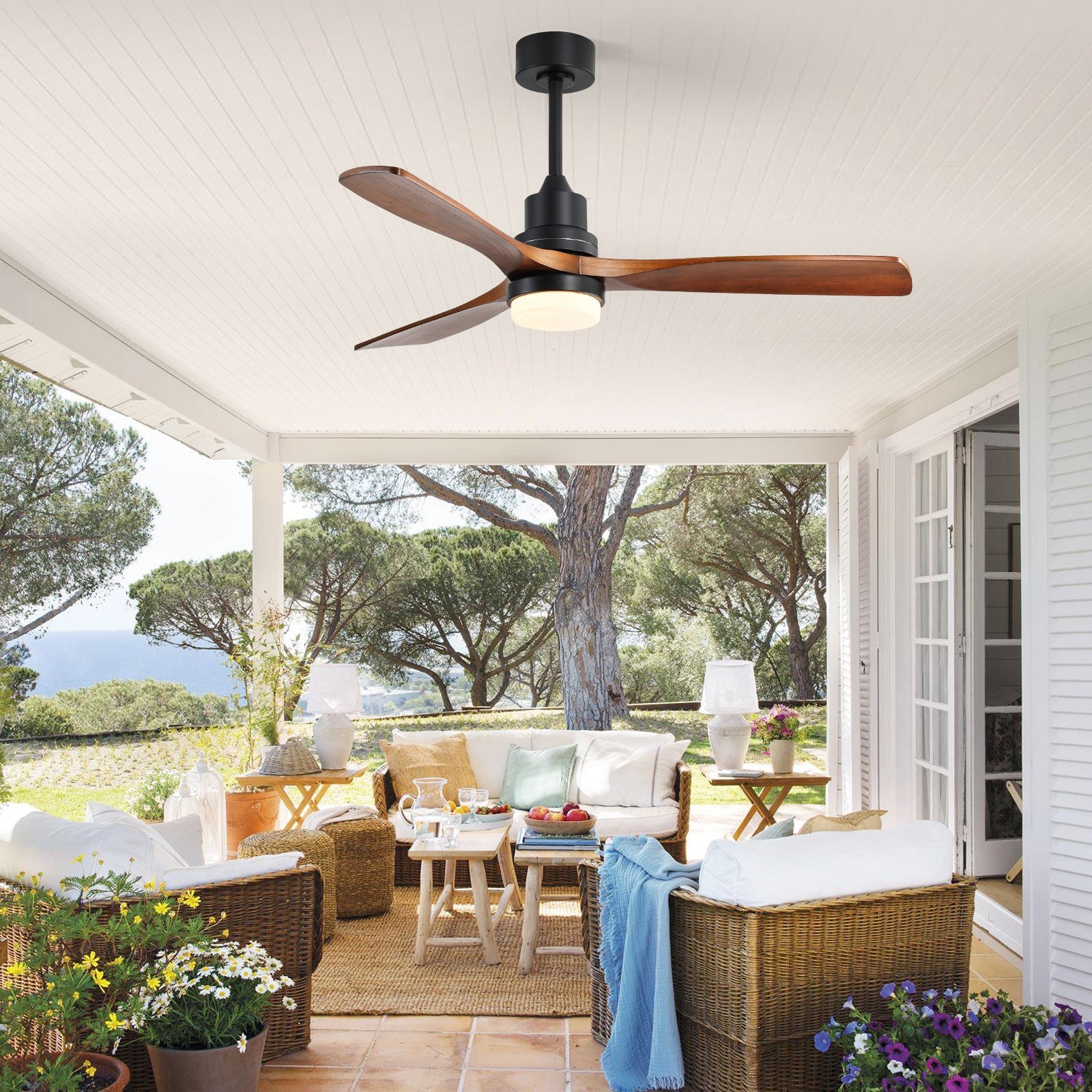 52 inch ceiling fan HouseOfZazla black housing, walnut blades, dimmable LED light and remote on Tampa Home & Garden Store