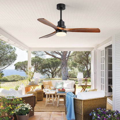52 inch ceiling fan HouseOfZazla black housing, walnut blades, dimmable LED light and remote on Tampa Home & Garden Store