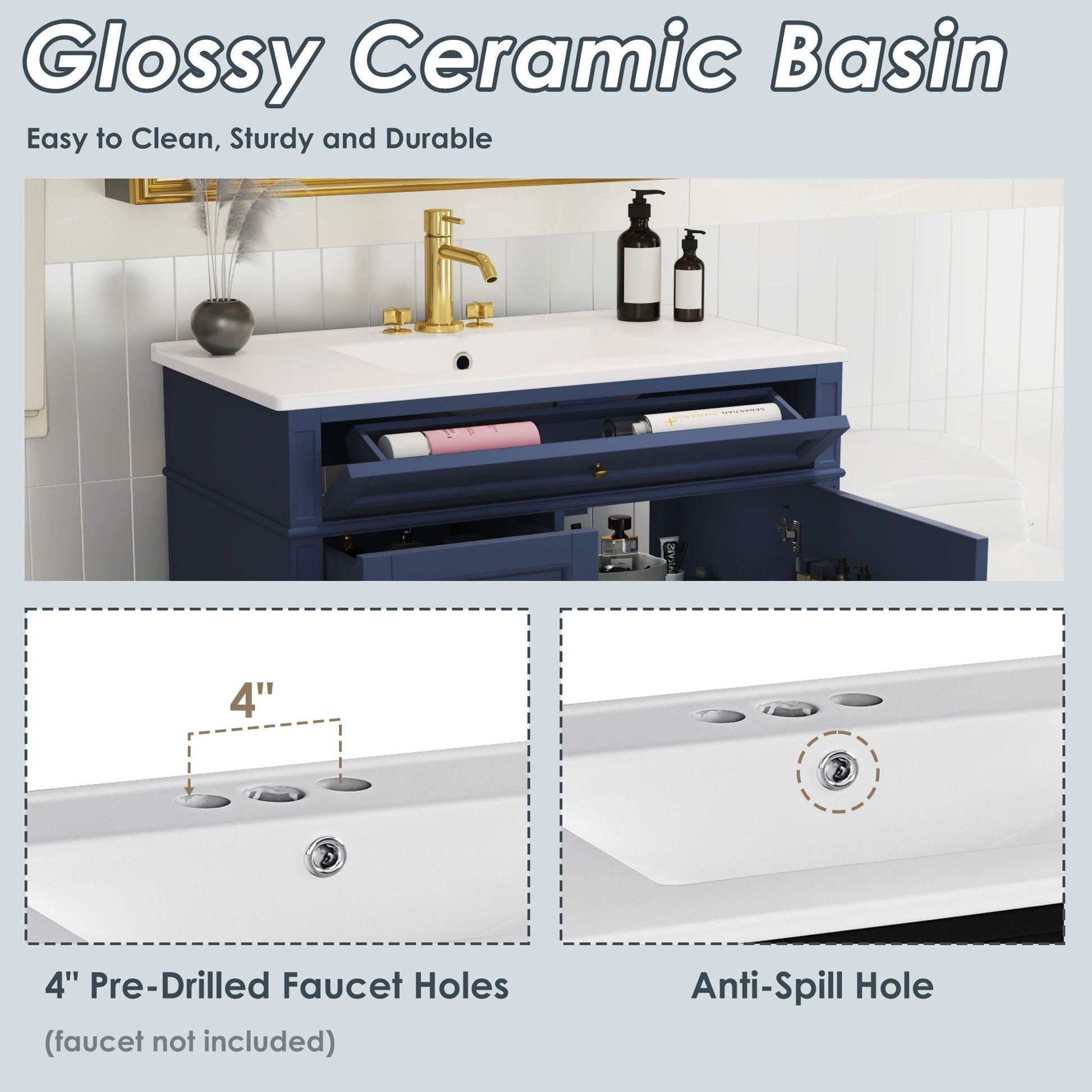 Bathroom Vanity With Top Sink blue by HouseOfZazla single sink 2 drawers and tip-out drawer on Tampa Home & Garden Store
