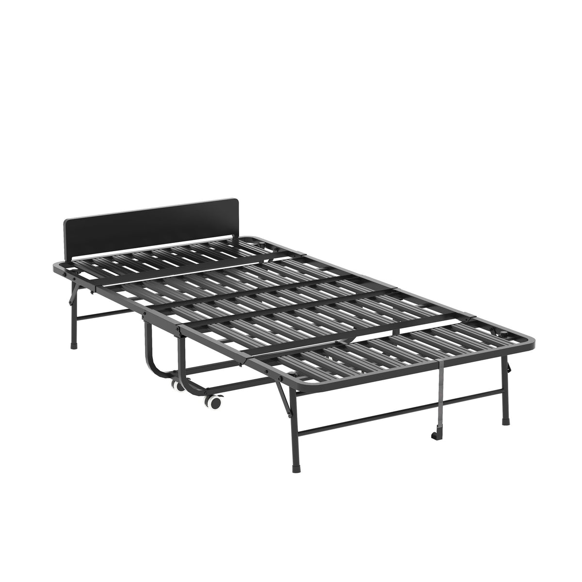 Twin folding bed with black metal frame on wheels and headboard by HouseOfZazla on Tampa Home & Garden Store