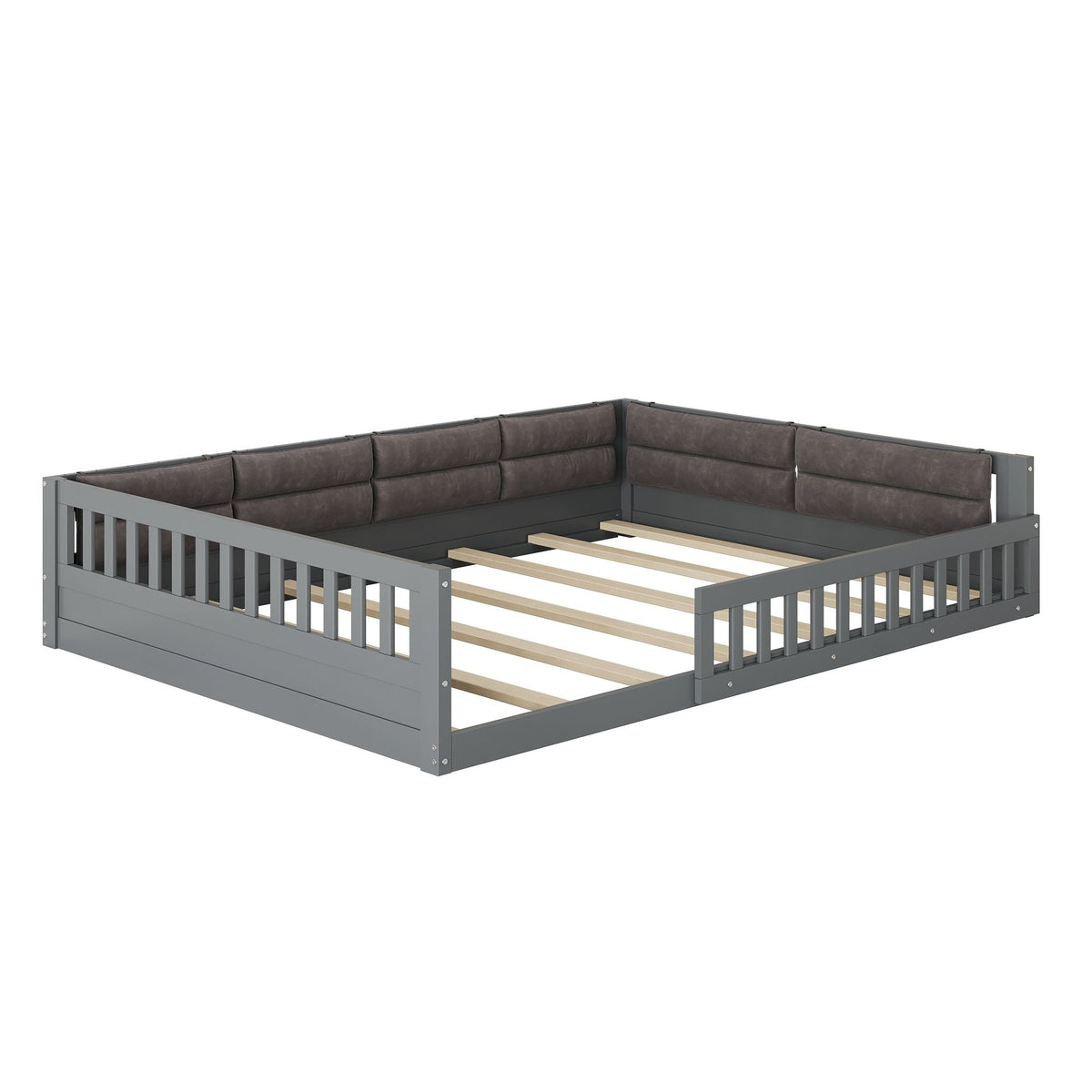 Upholstered platform bed with guardrail, gray frame and brown cushions, HouseOfZazla on Tampa Home & Garden Store