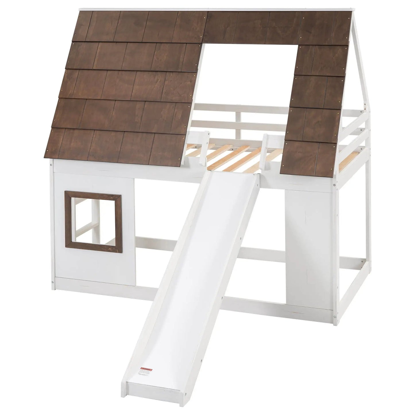 Twin-size wooden house bunk bed with white frame and brown roof panels, ladder on Tampa Home & Garden Store