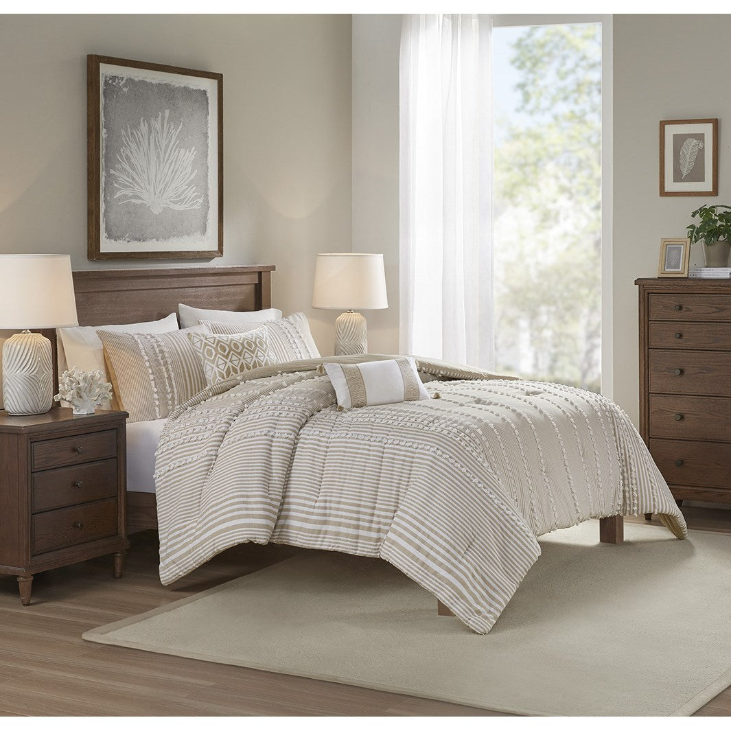HouseOfZazla Full/Queen 3-Piece Cotton Yarn-Dyed Comforter Set in beige striped pattern on bed on Tampa Home & Garden Store