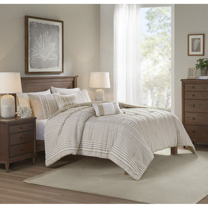 HouseOfZazla Full/Queen 3-Piece Cotton Yarn-Dyed Comforter Set in beige striped pattern on bed on Tampa Home & Garden Store