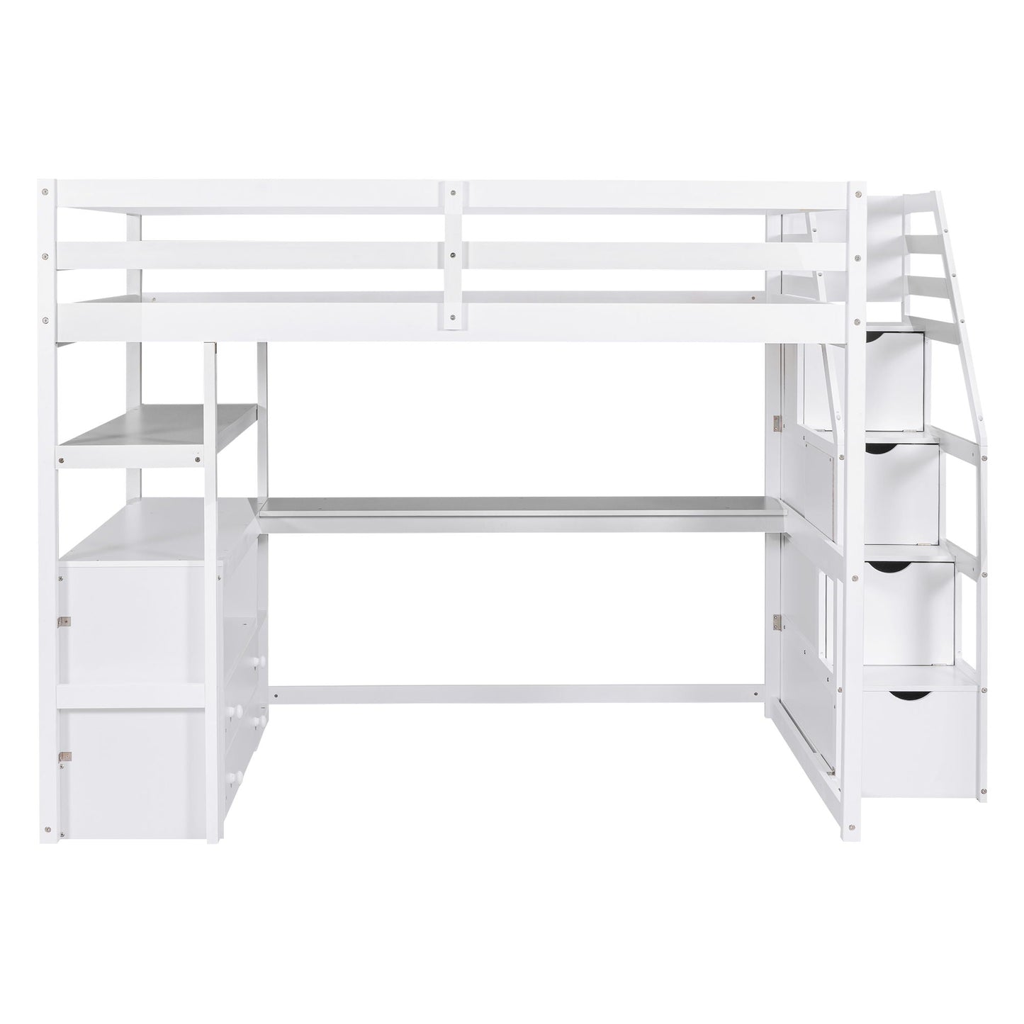 Loft bed by HouseOfZazla in white with desk, shelves, 2 drawers and storage staircase on Tampa Home & Garden Store