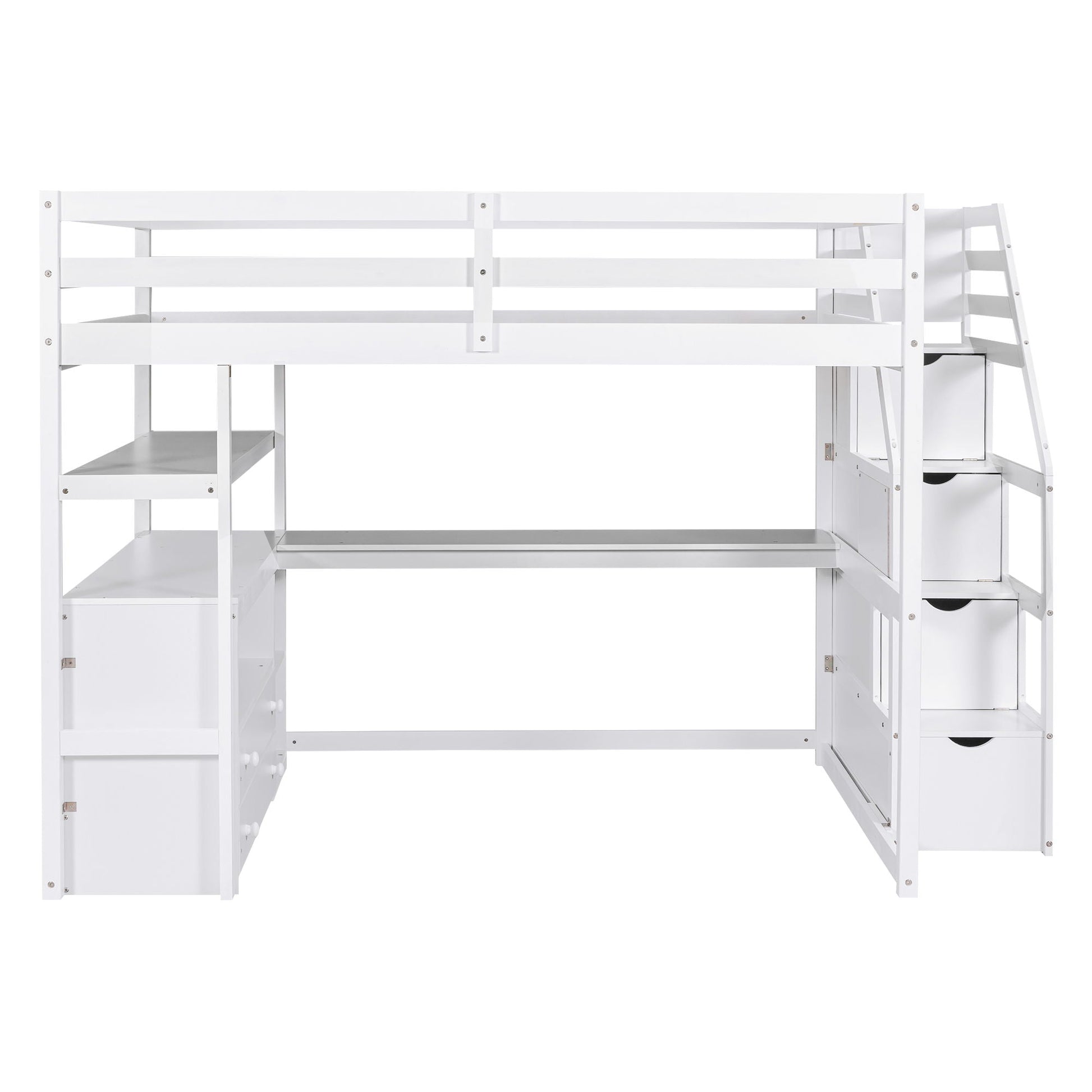 Loft bed by HouseOfZazla in white with desk, shelves, 2 drawers and storage staircase on Tampa Home & Garden Store