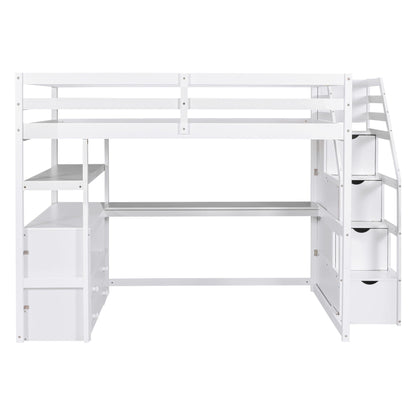 Loft bed by HouseOfZazla in white with desk, shelves, 2 drawers and storage staircase on Tampa Home & Garden Store
