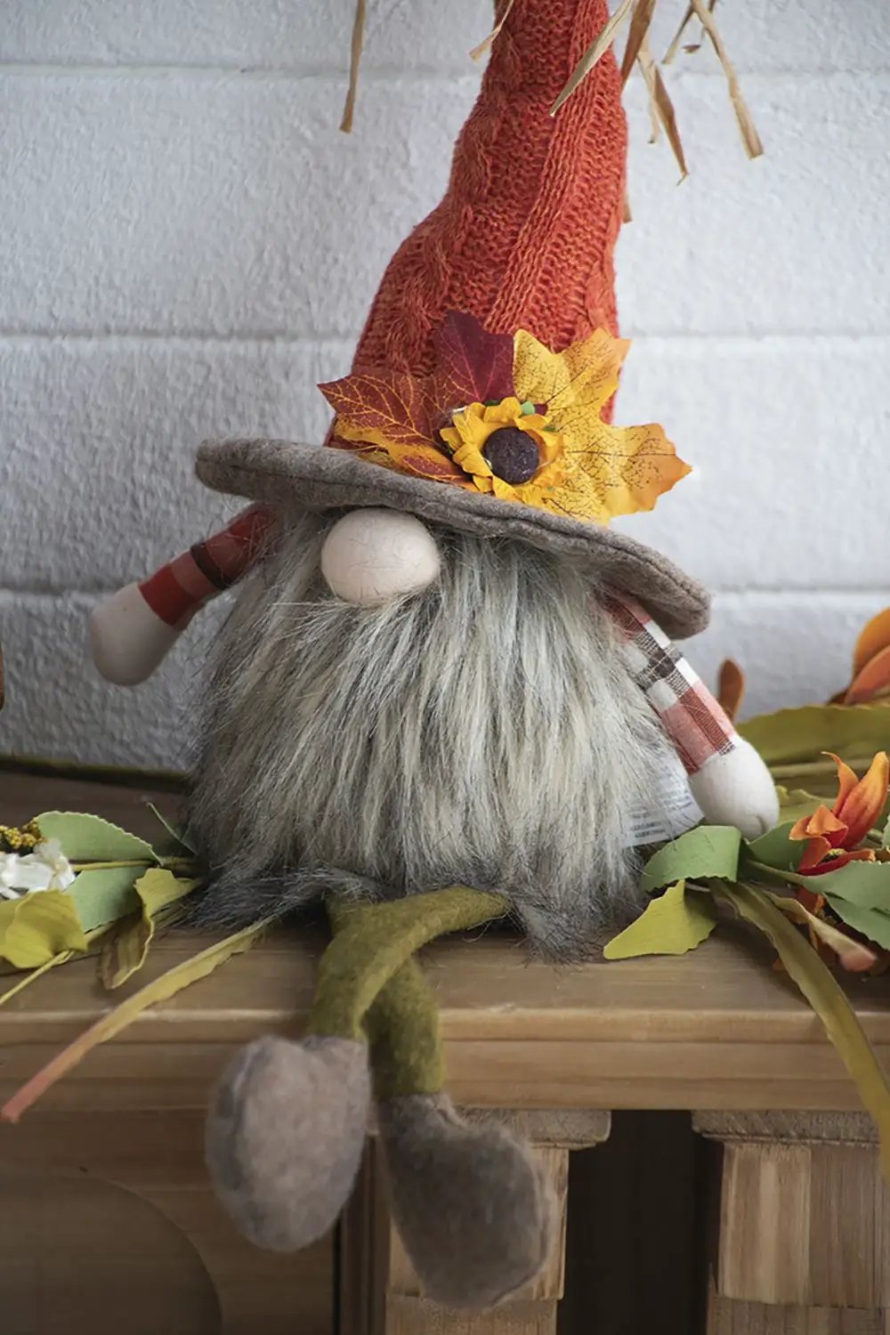 Sitting Gnome With Maple Leaf Hat for Decor
