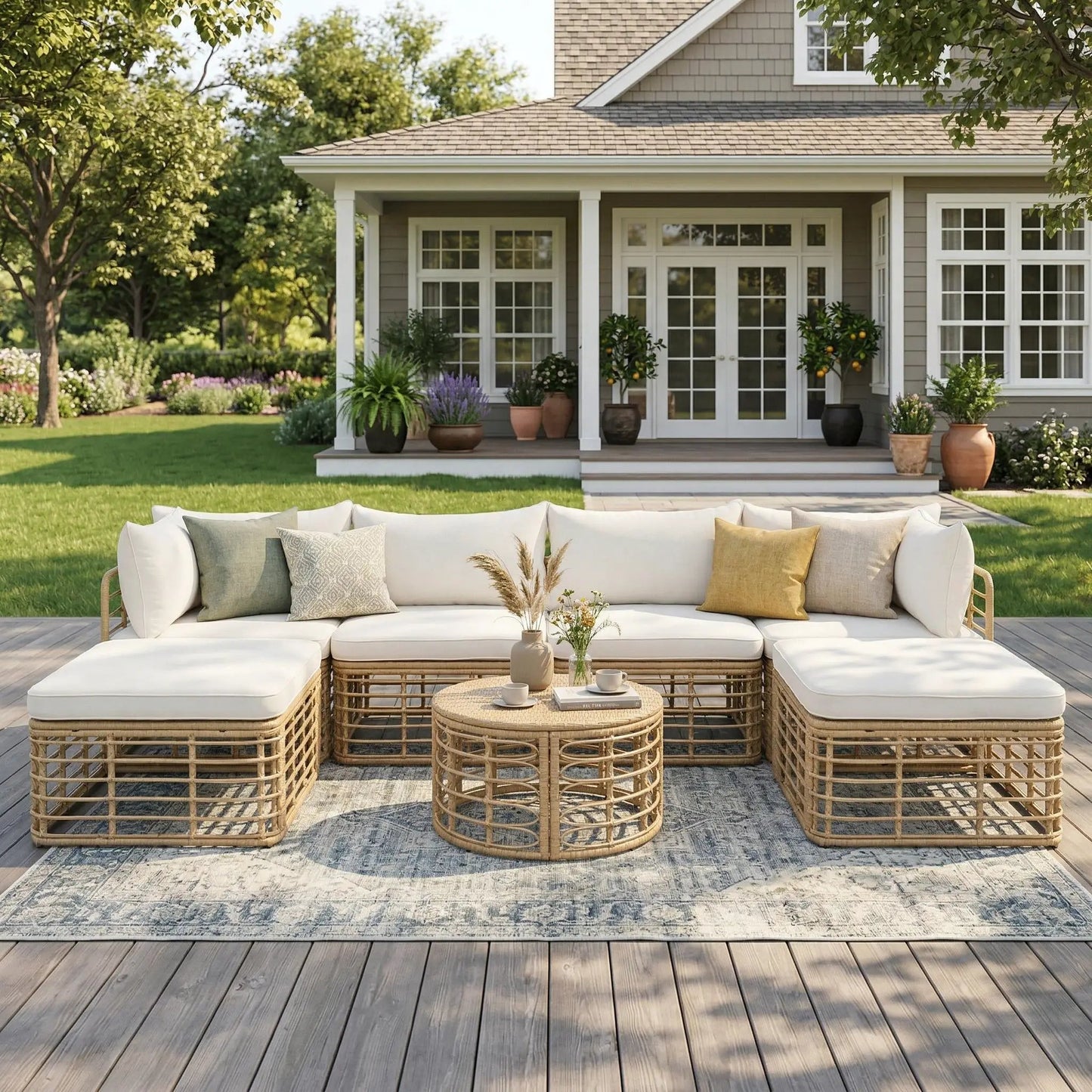 All-weather rattan 7-piece outdoor sectional with thick cushions on a wooden deck on Tampa Home & Garden Store