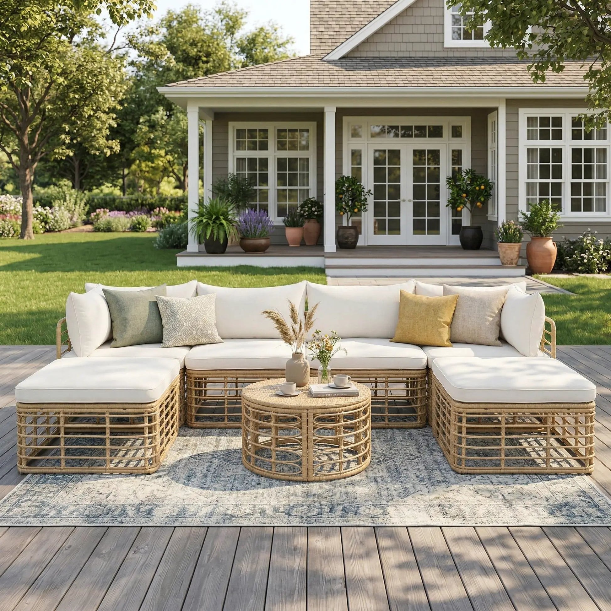 All-weather rattan 7-piece outdoor sectional with thick cushions on a wooden deck on Tampa Home & Garden Store
