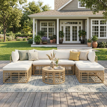 All-weather rattan 7-piece outdoor sectional with thick cushions on a wooden deck on Tampa Home & Garden Store
