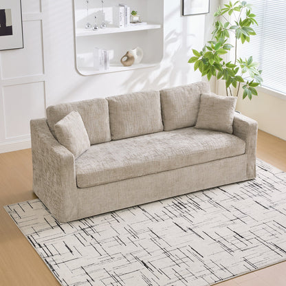 83.86-inch wide wheat fabric modern casual sofa in a bright living room with white shelving on Tampa Home & Garden Store