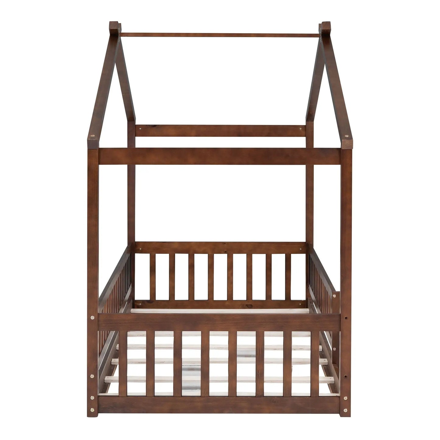 Bed House Bed Frame With Fence wooden canopy bed in brown stained wood with slatted sides on Tampa Home & Garden Store
