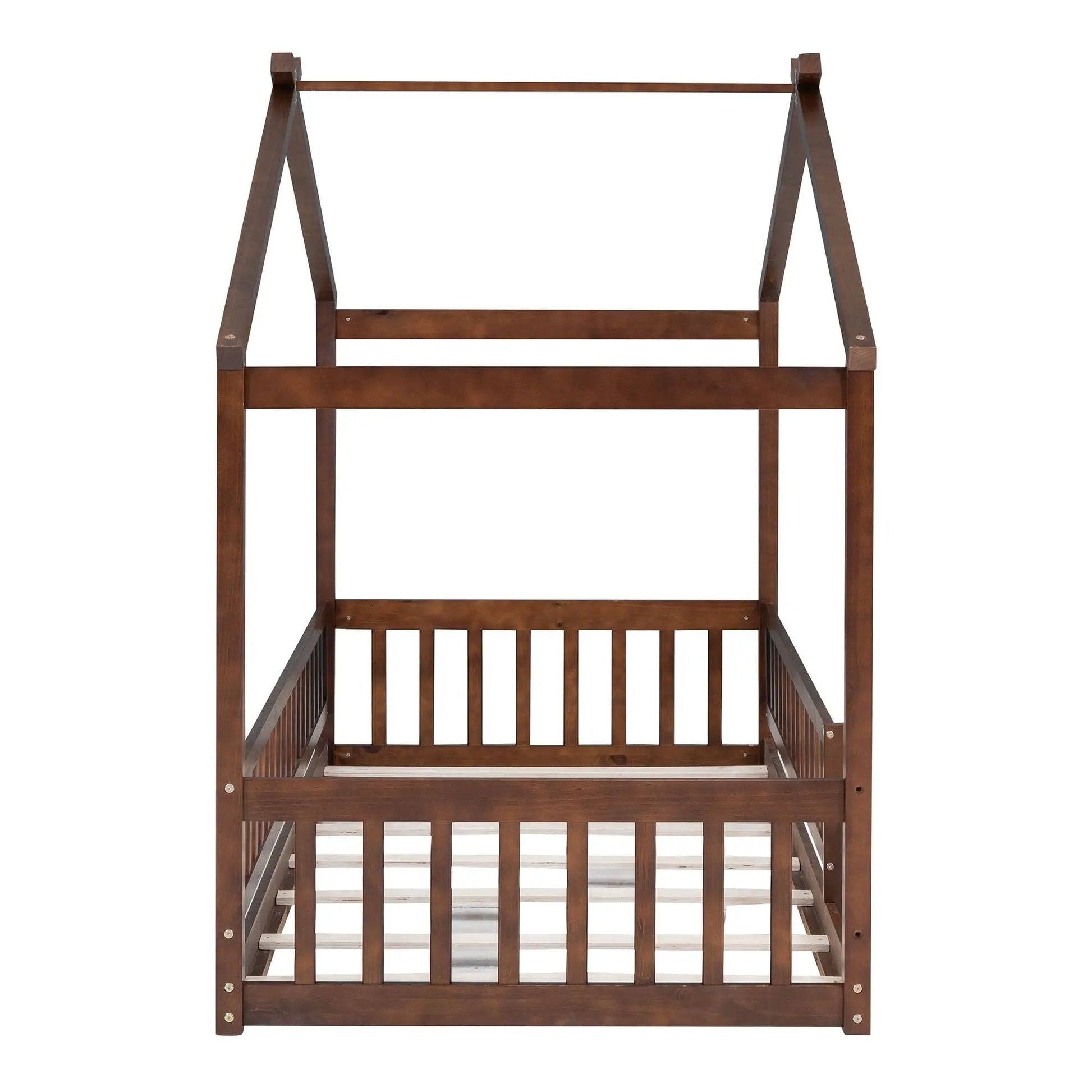 Bed House Bed Frame With Fence wooden canopy bed in brown stained wood with slatted sides on Tampa Home & Garden Store