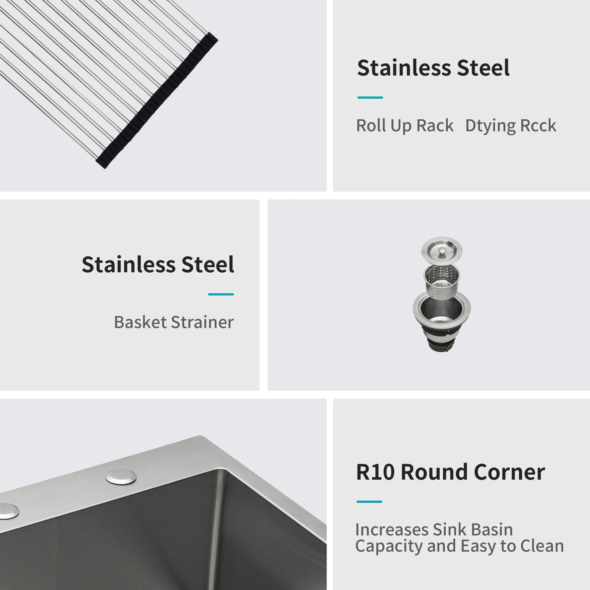 Stainless steel sink accessories: roll-up rack, basket strainer, R10 Round Corner on Tampa Home & Garden Store