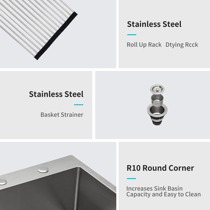 Stainless steel sink accessories: roll-up rack, basket strainer, R10 Round Corner on Tampa Home & Garden Store