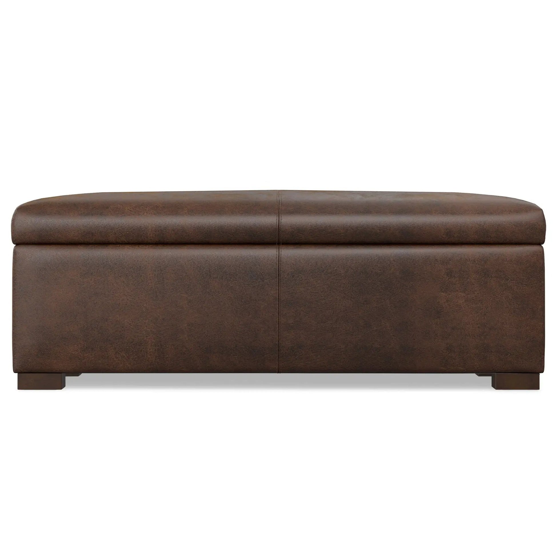 Gabbie storage ottoman coffee table in brown leather with centered top seam and block feet on Tampa Home & Garden Store