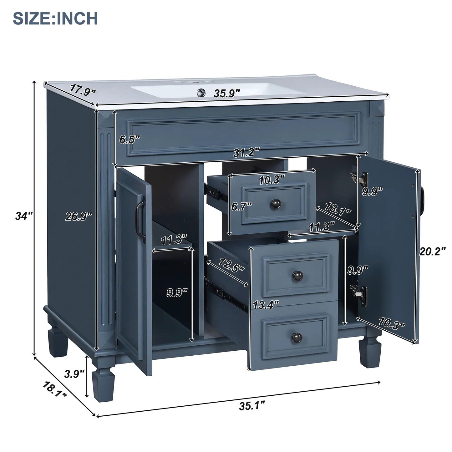 36 Inch Blue Vanity With Top Sink and Drawers