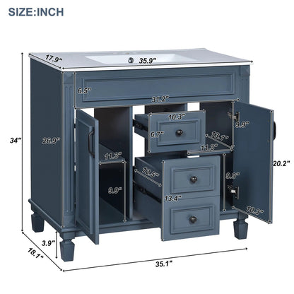 36 Inch Blue Vanity With Top Sink and Drawers