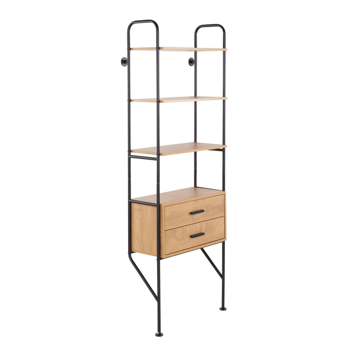 Industrial Bookcase with Steel Frame Black/Brown, 3 light wood shelves and bottom drawer cabinet on Tampa Home & Garden Store