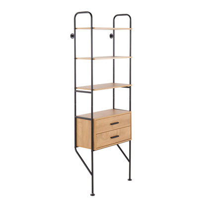 Industrial Bookcase with Steel Frame Black/Brown, 3 light wood shelves and bottom drawer cabinet on Tampa Home & Garden Store
