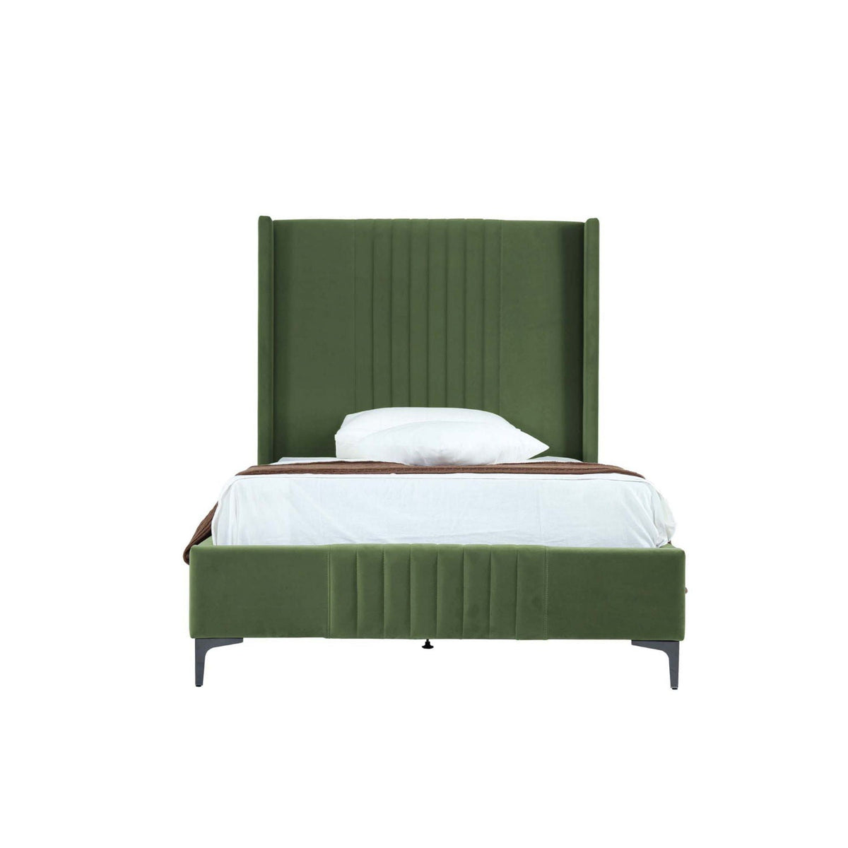 Promenade bed with green upholstered headboard, vertical channeling, white bedding on Tampa Home & Garden Store
