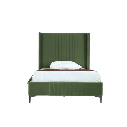 Promenade bed with green upholstered headboard, vertical channeling, white bedding on Tampa Home & Garden Store