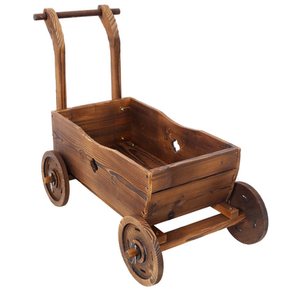 Wooden wagon planter box with wheels in brown wood grain with drain holes on Tampa Home & Garden Store