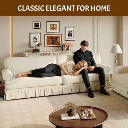 Comfortable Cloud Sofa in cream with rolled arms and skirt in a chic living room on Tampa Home & Garden Store