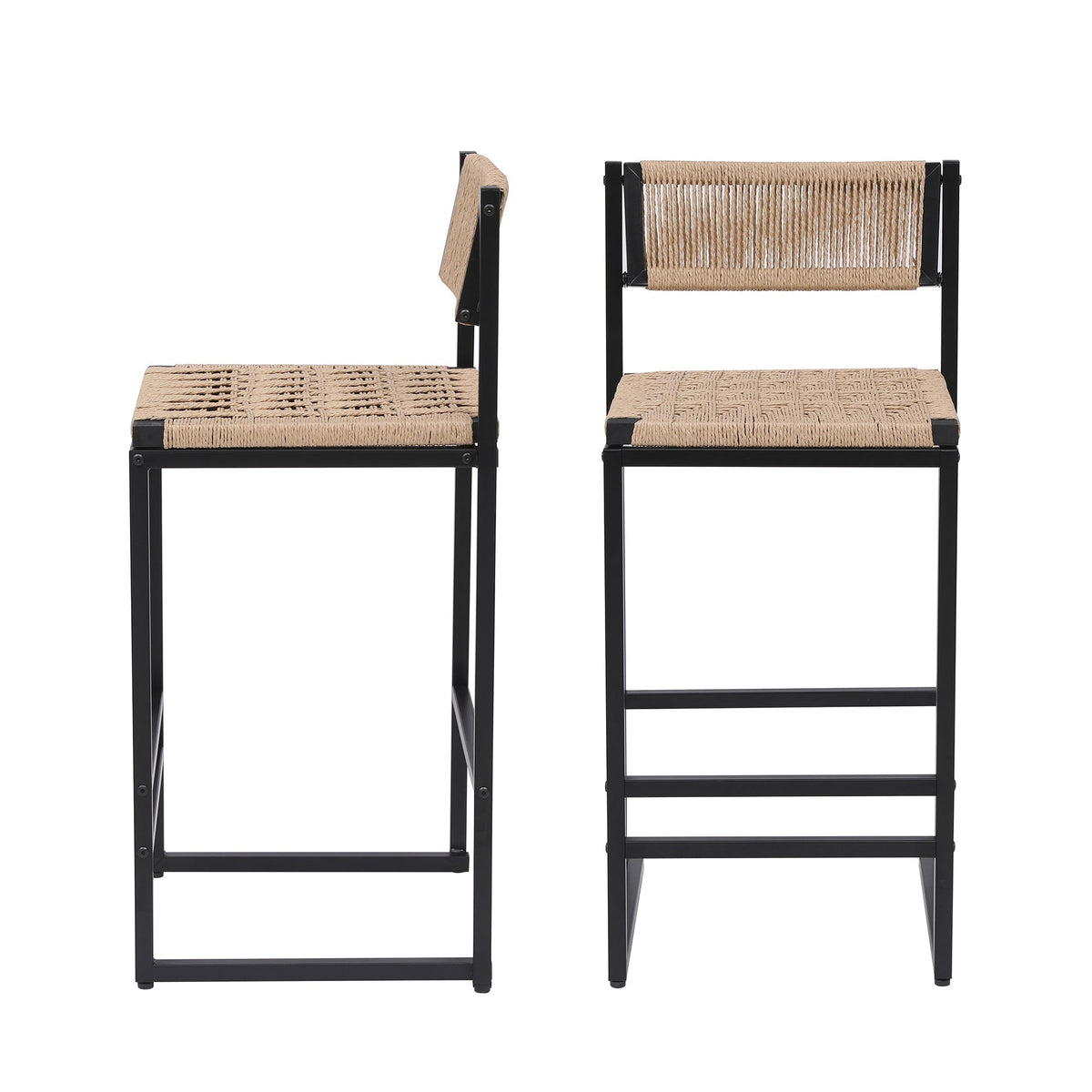 Bar stools with footrests, set of 2, black metal frame and natural paper rope weave on Tampa Home & Garden Store