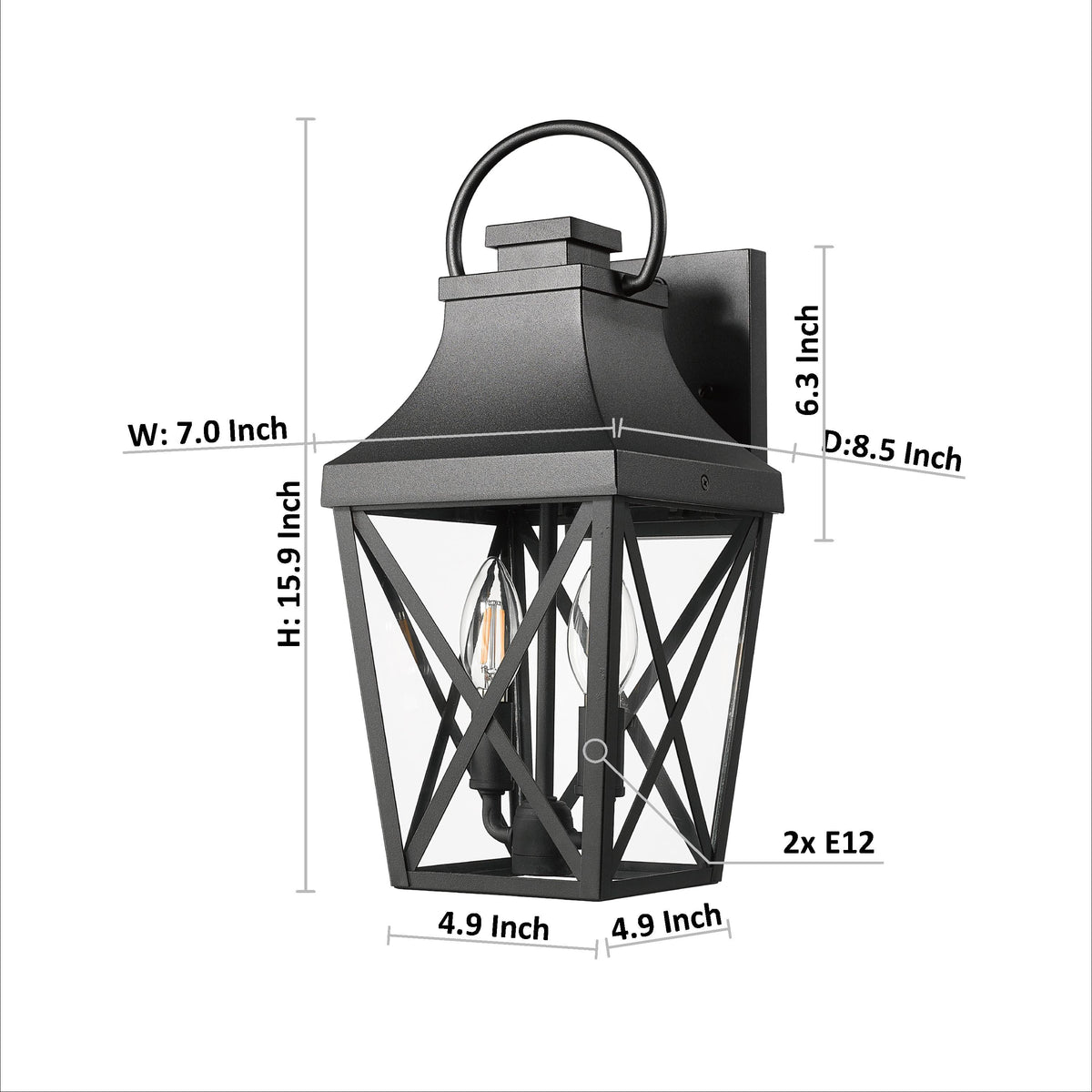 Outdoor waterproof wall light, black metal lantern with ring and cage, 2x E12 by GigaTech on Tampa Home & Garden Store