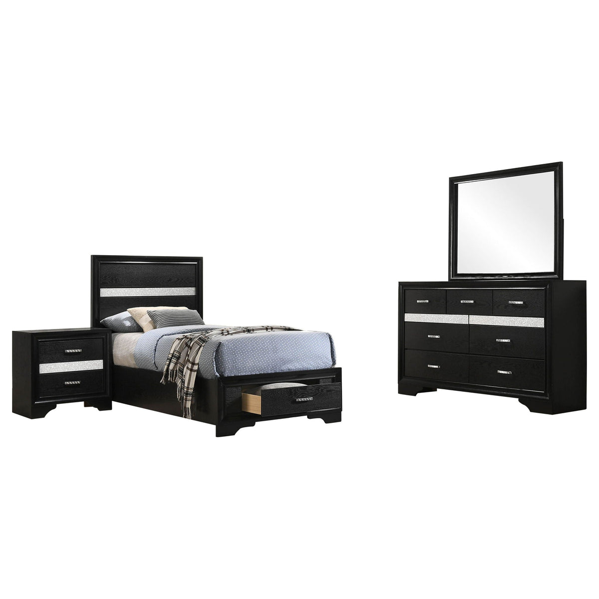 Annie 4-Piece Bedroom Set in black with bed, 2 nightstands, tall dresser and mirror on Tampa Home & Garden Store