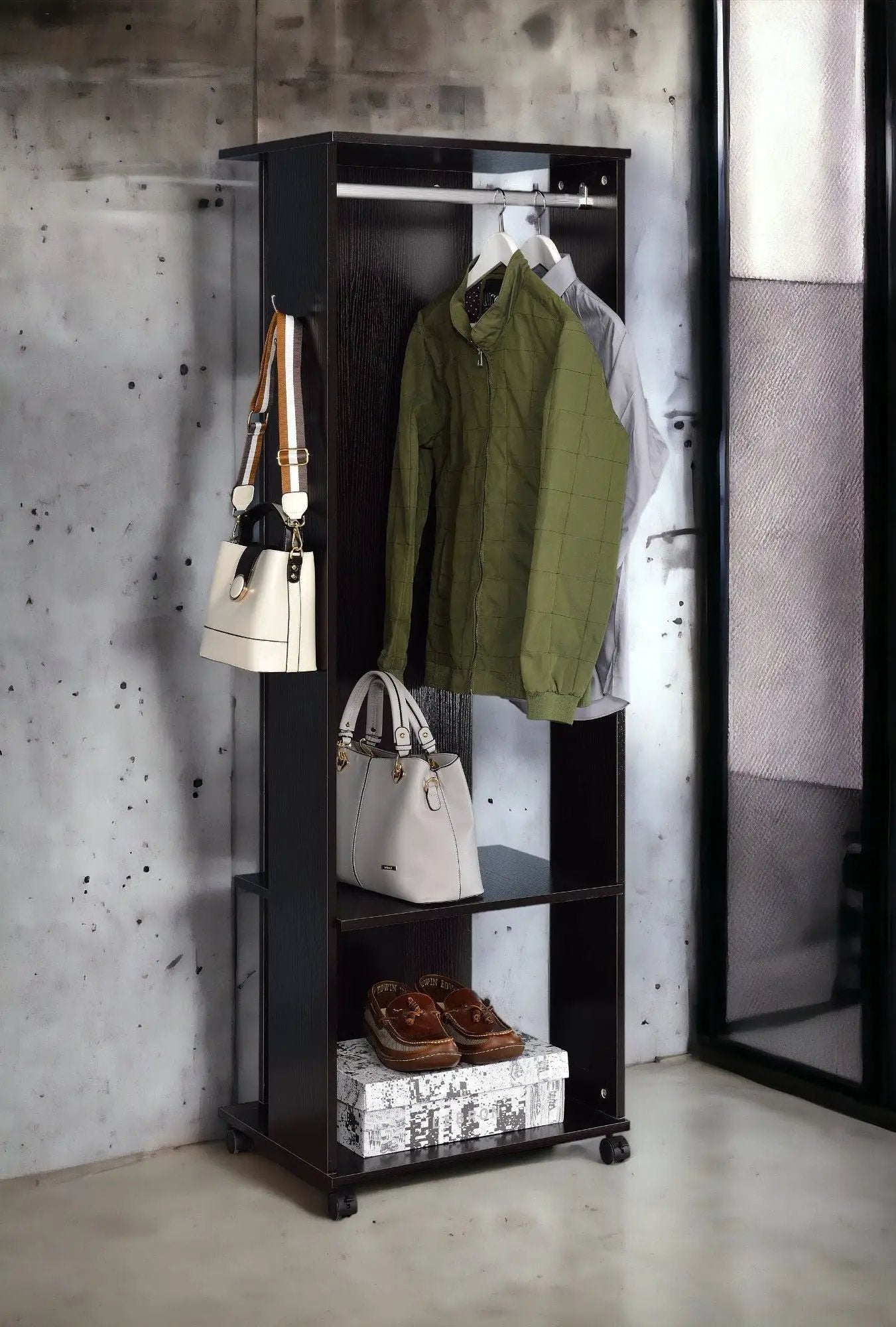 Kolen Hall Tree Espresso finish by Unique Piece Furniture with metal rod, hooks and lower shelf on Tampa Home & Garden Store