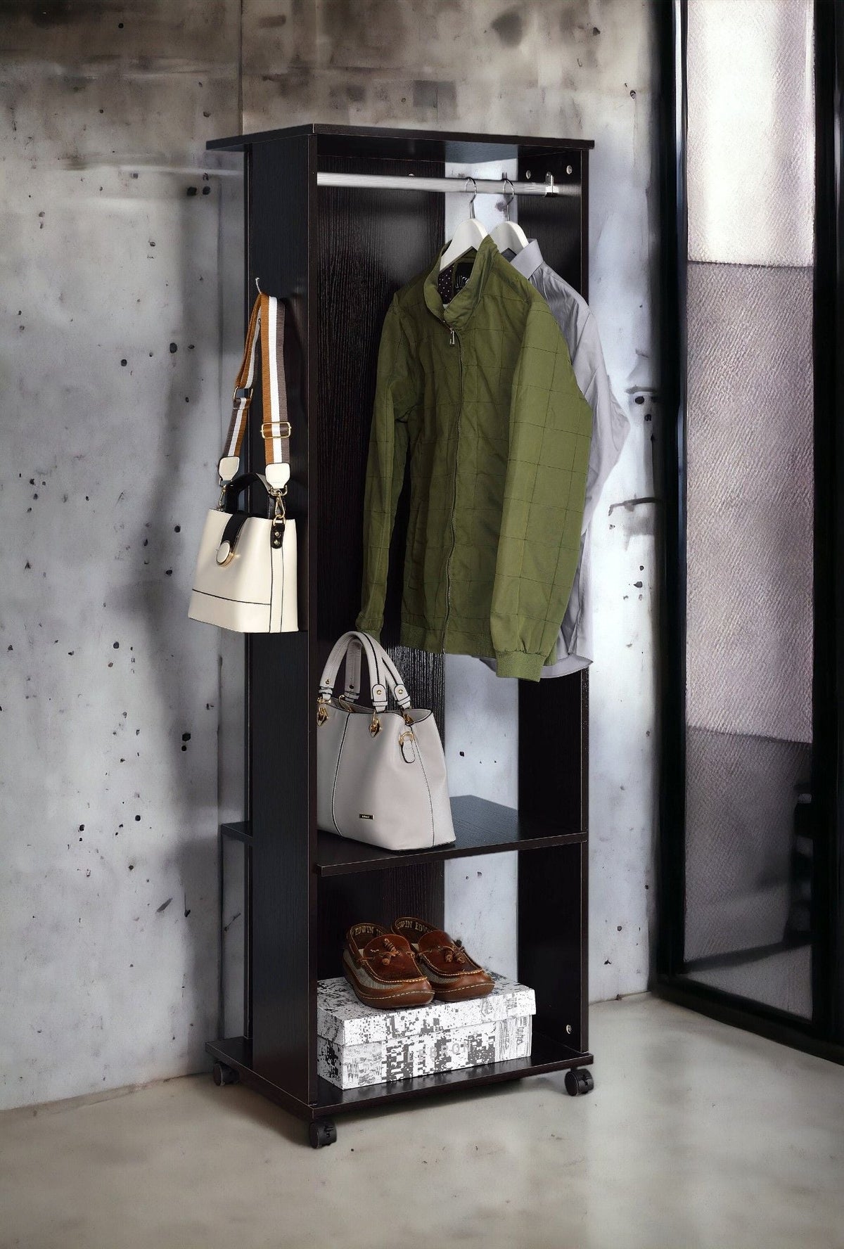 Kolen Hall Tree with Full-Length Mirror Espresso; coats, bags and shoes on display on Tampa Home & Garden Store