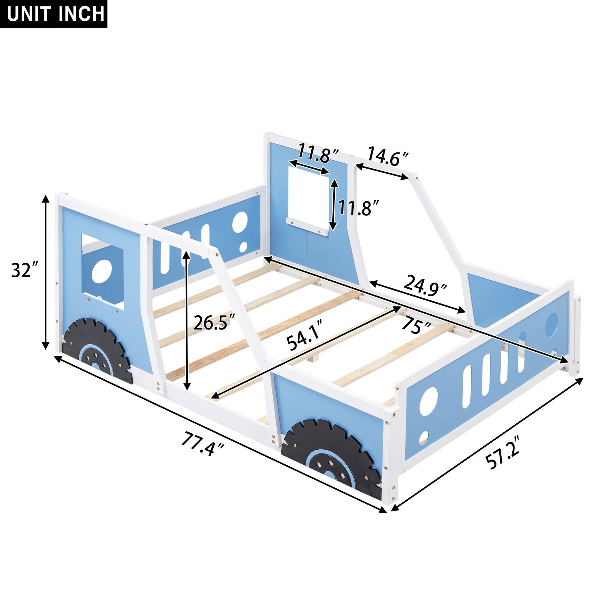 Classic Car Shaped Platform Bed With Wheels in blue and white wood frame by HouseOfZazla on Tampa Home & Garden Store
