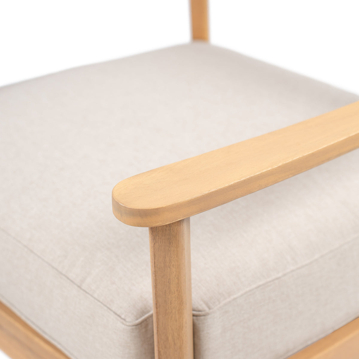 Mallorca Acacia Wood Outdoor Club Chair with Beige Seat Cushion and rounded armrests on Tampa Home & Garden Store
