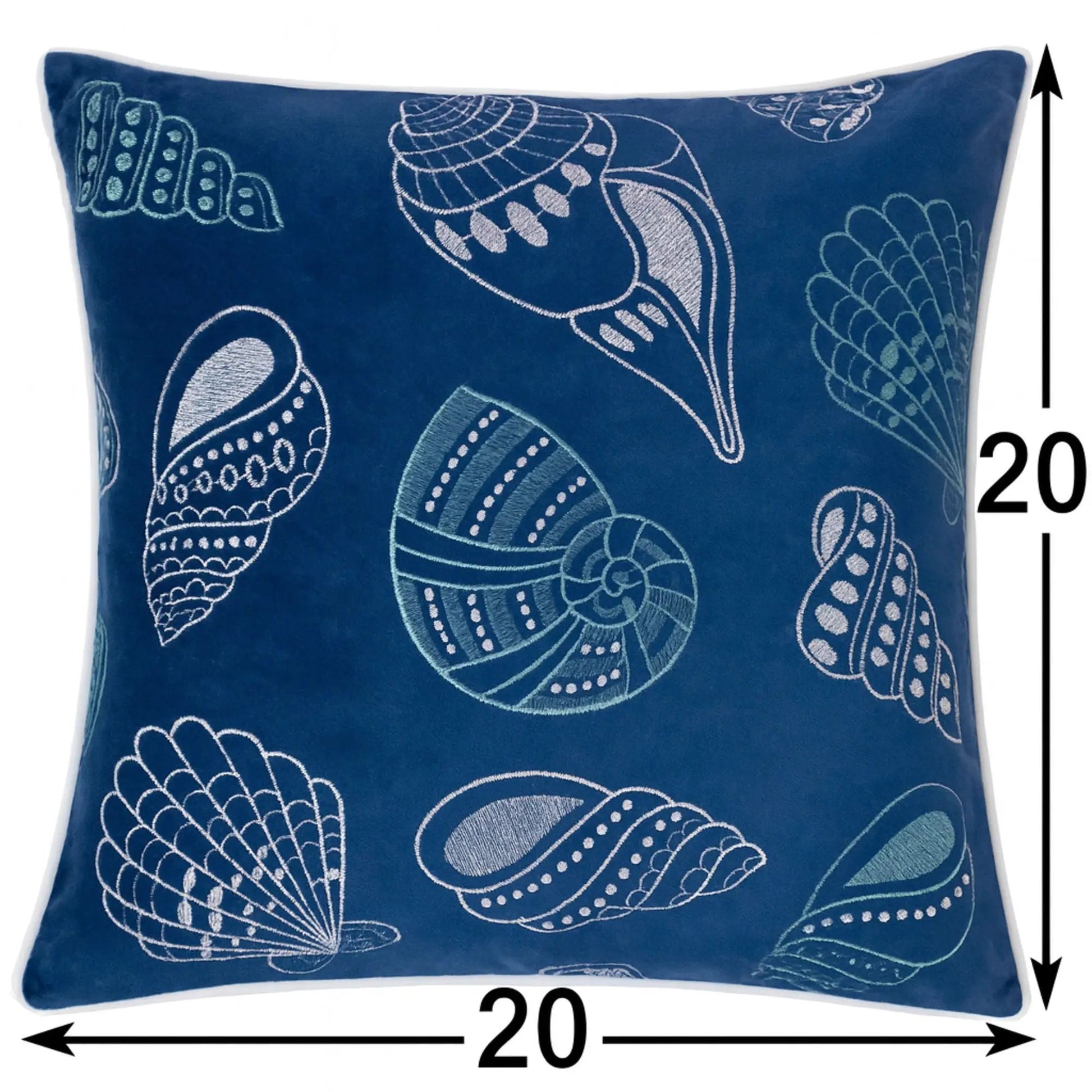 Seashells Pillow Cover blue velvet with white embroidered shells, 20x20 inches on Tampa Home & Garden Store