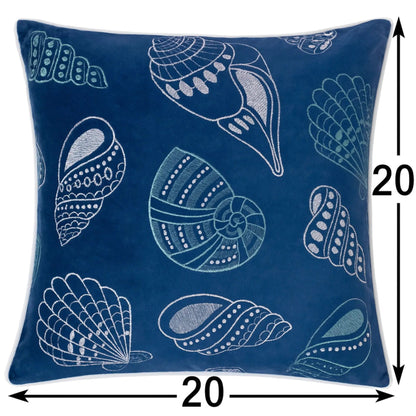 Seashells Pillow Cover blue velvet with white embroidered shells, 20x20 inches on Tampa Home & Garden Store
