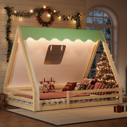 Full Size House Floor Bed with Tent and Light