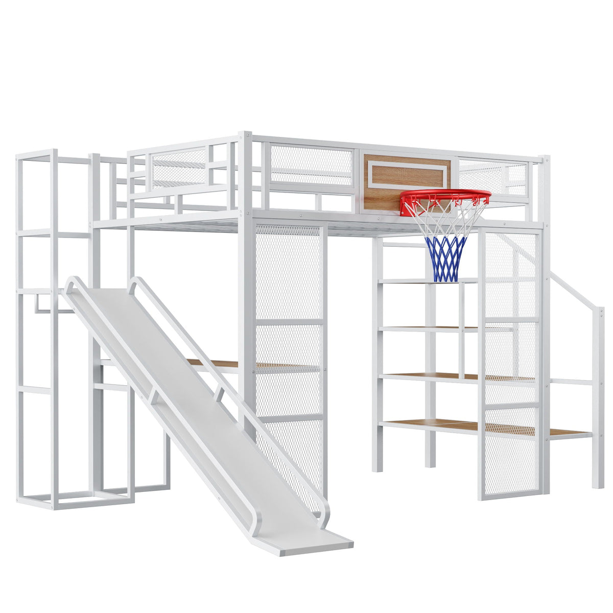 Loft bed with built-in desk, wardrobe, basketball hoop and slide in white by HouseOfZazla on Tampa Home & Garden Store