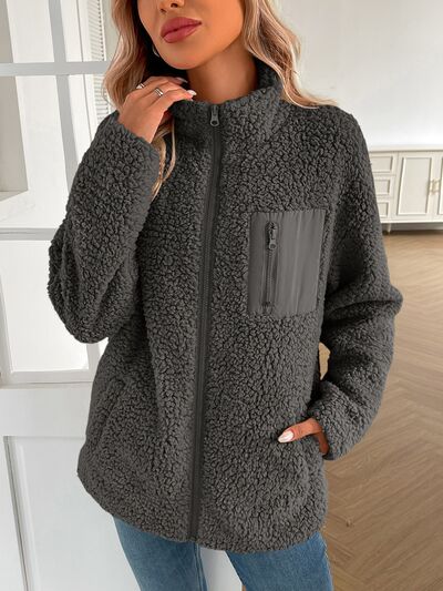 Winter Warm Zip Up Long Sleeve Jacket by Stevvex; dark gray fuzzy sherpa with zip chest pocket on Tampa Home & Garden Store