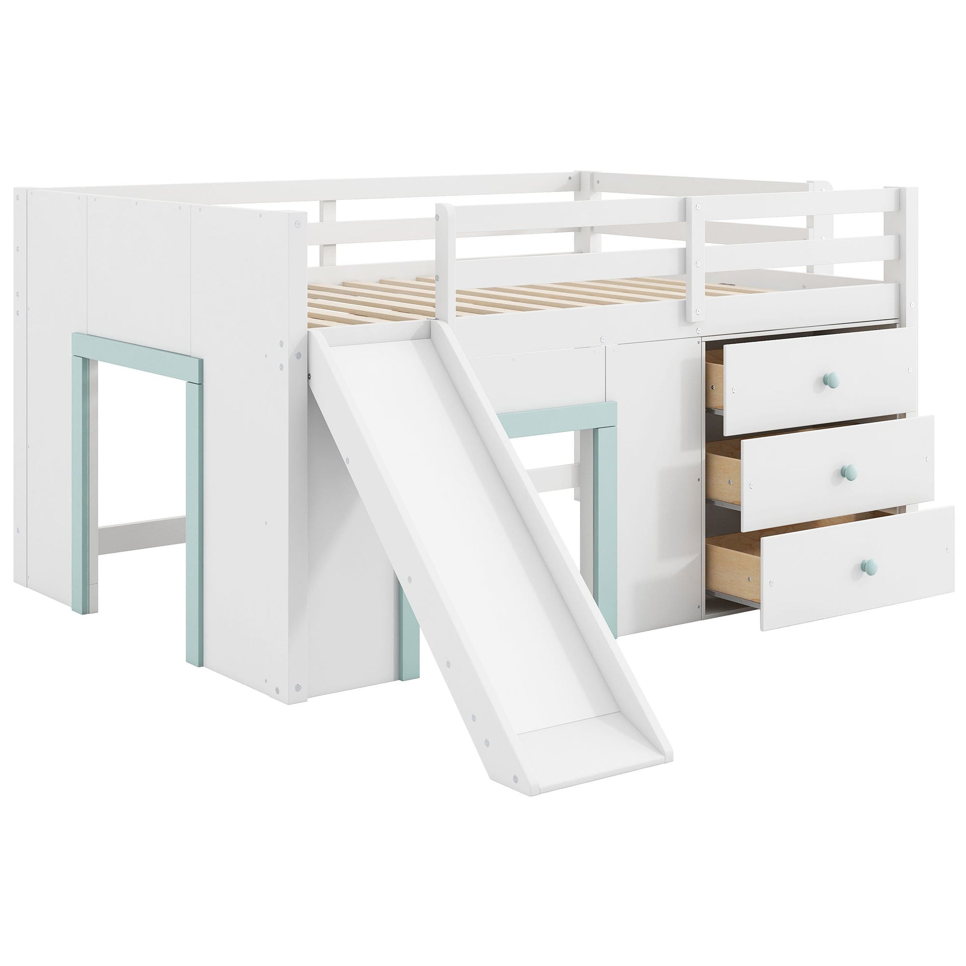 Modern white low loft bed with slide, 3 storage drawers and 2 doors on Tampa Home & Garden Store