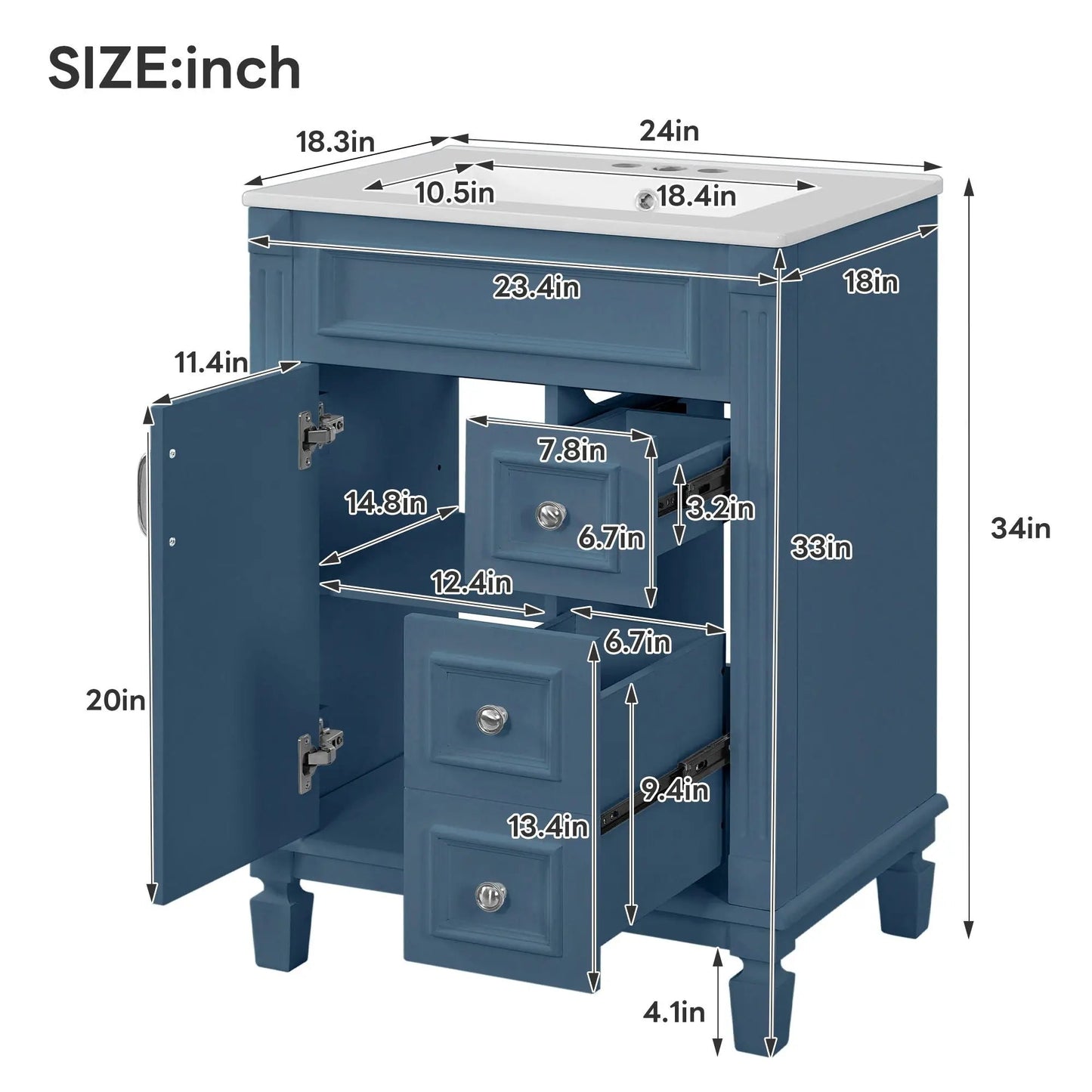 Blue Bathroom Vanity with Ceramic Sink Drawers